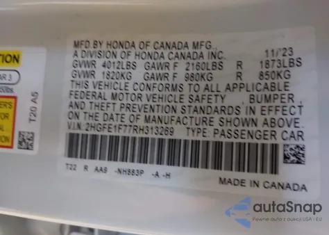 2024 Honda Civic Ex z USA, uszkodzony, nr VIN 2HGFE1F77RH313269